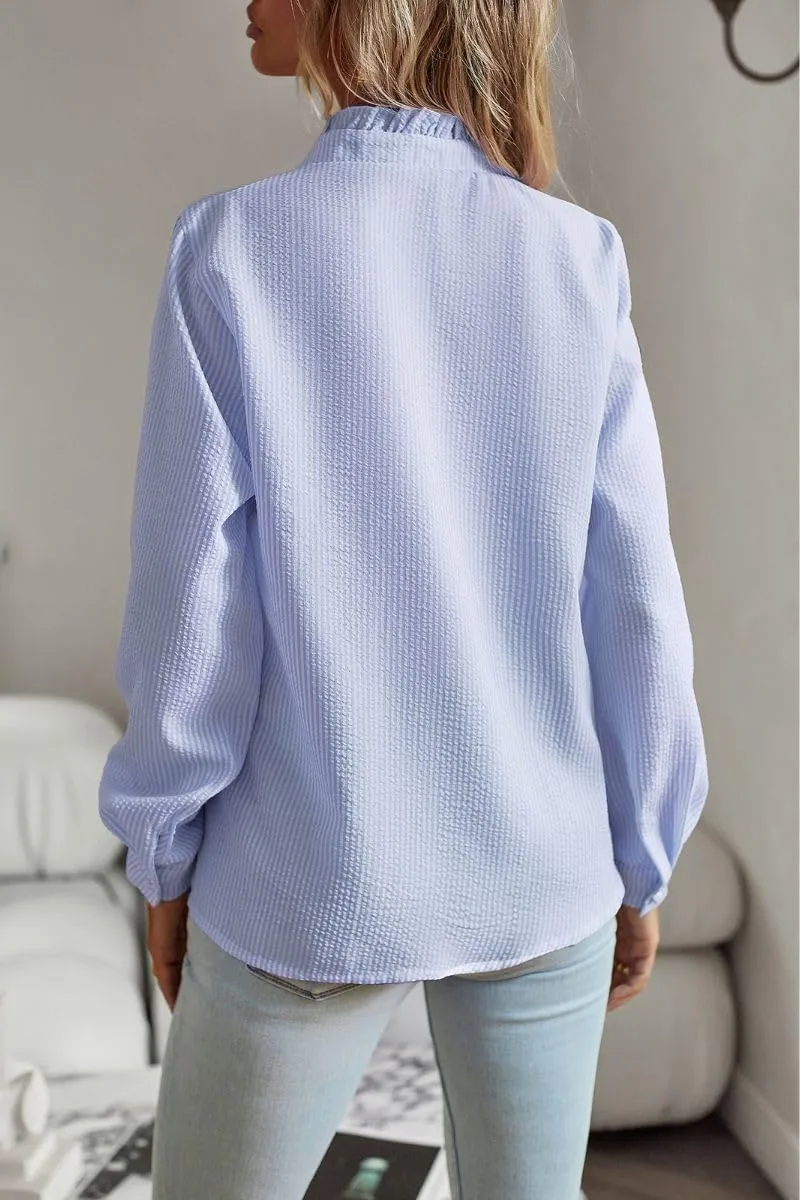 Women's Ruffle Trim Button Up Long Sleeve Blouse Top Striped Stand Collar Elegant Work Shirt