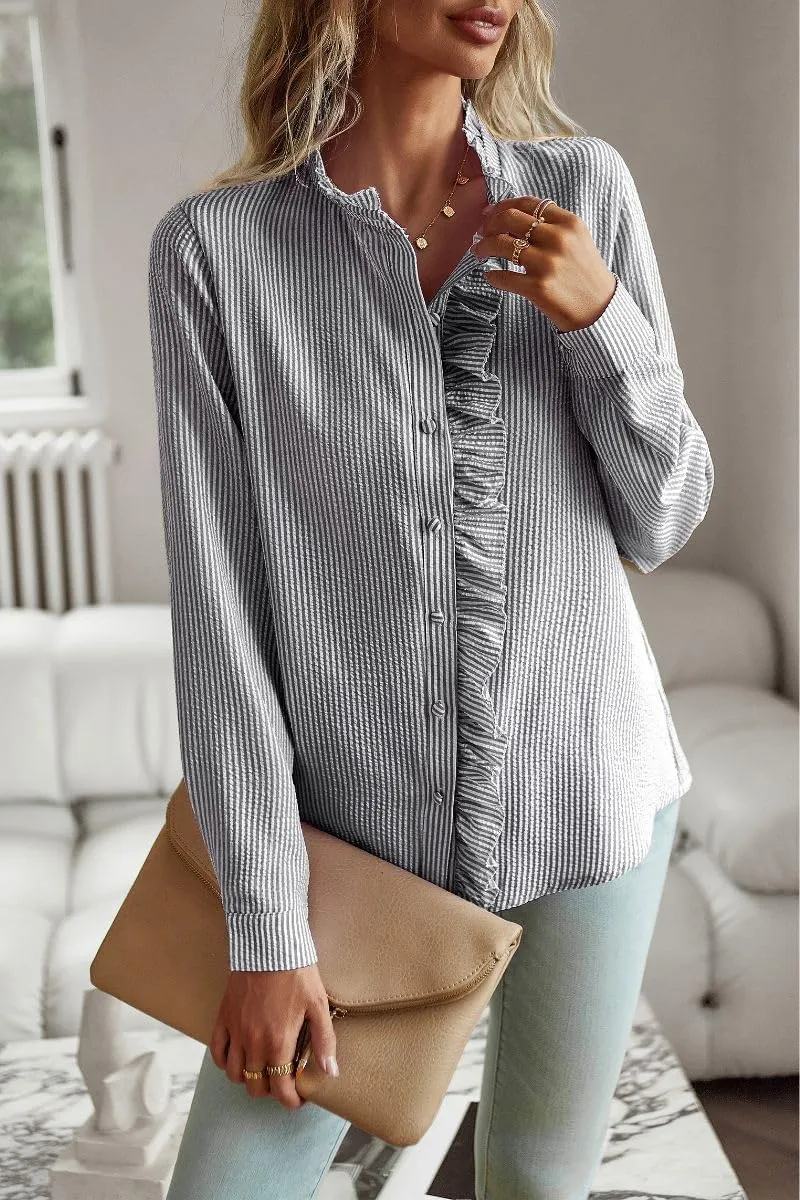 Women's Ruffle Trim Button Up Long Sleeve Blouse Top Striped Stand Collar Elegant Work Shirt