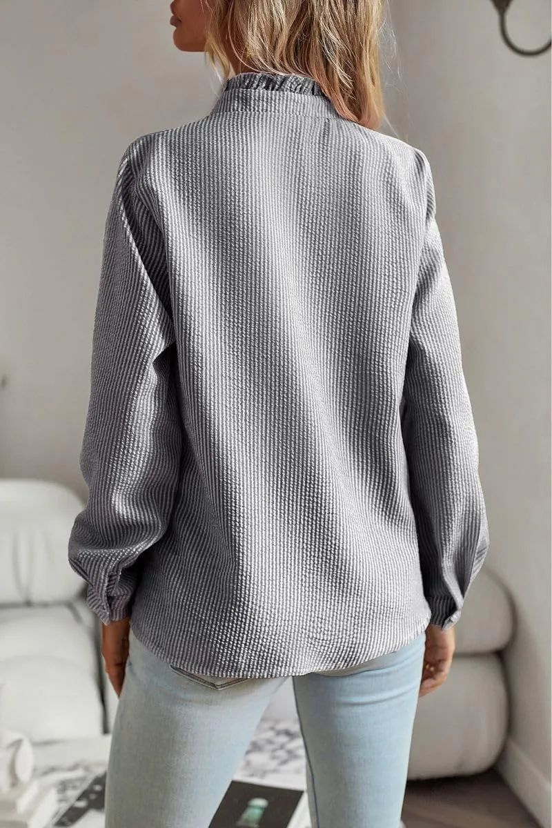 Women's Ruffle Trim Button Up Long Sleeve Blouse Top Striped Stand Collar Elegant Work Shirt