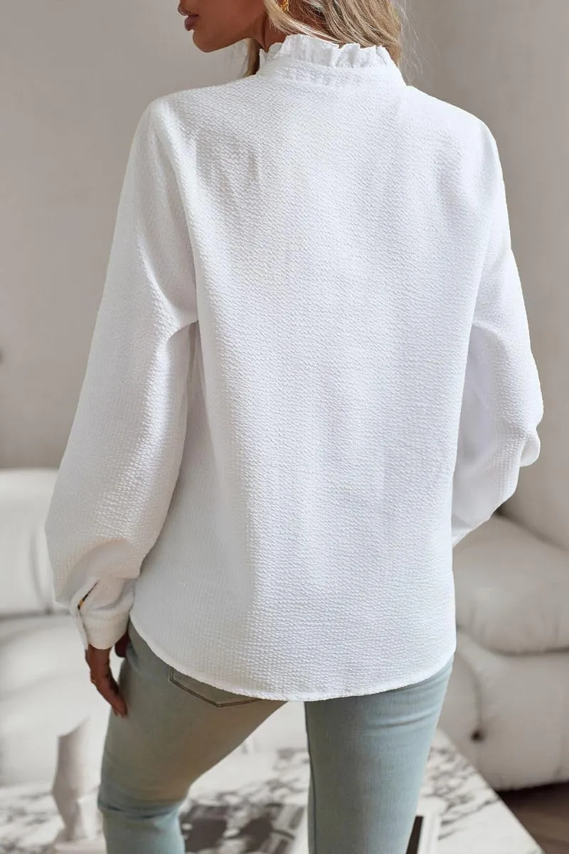 Women's Ruffle Trim Button Up Long Sleeve Blouse Top Striped Stand Collar Elegant Work Shirt