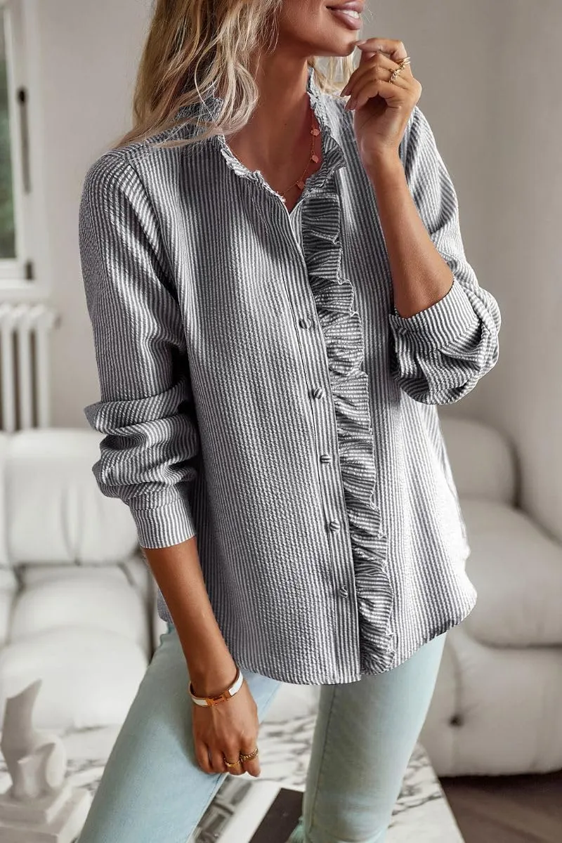 Women's Ruffle Trim Button Up Long Sleeve Blouse Top Striped Stand Collar Elegant Work Shirt