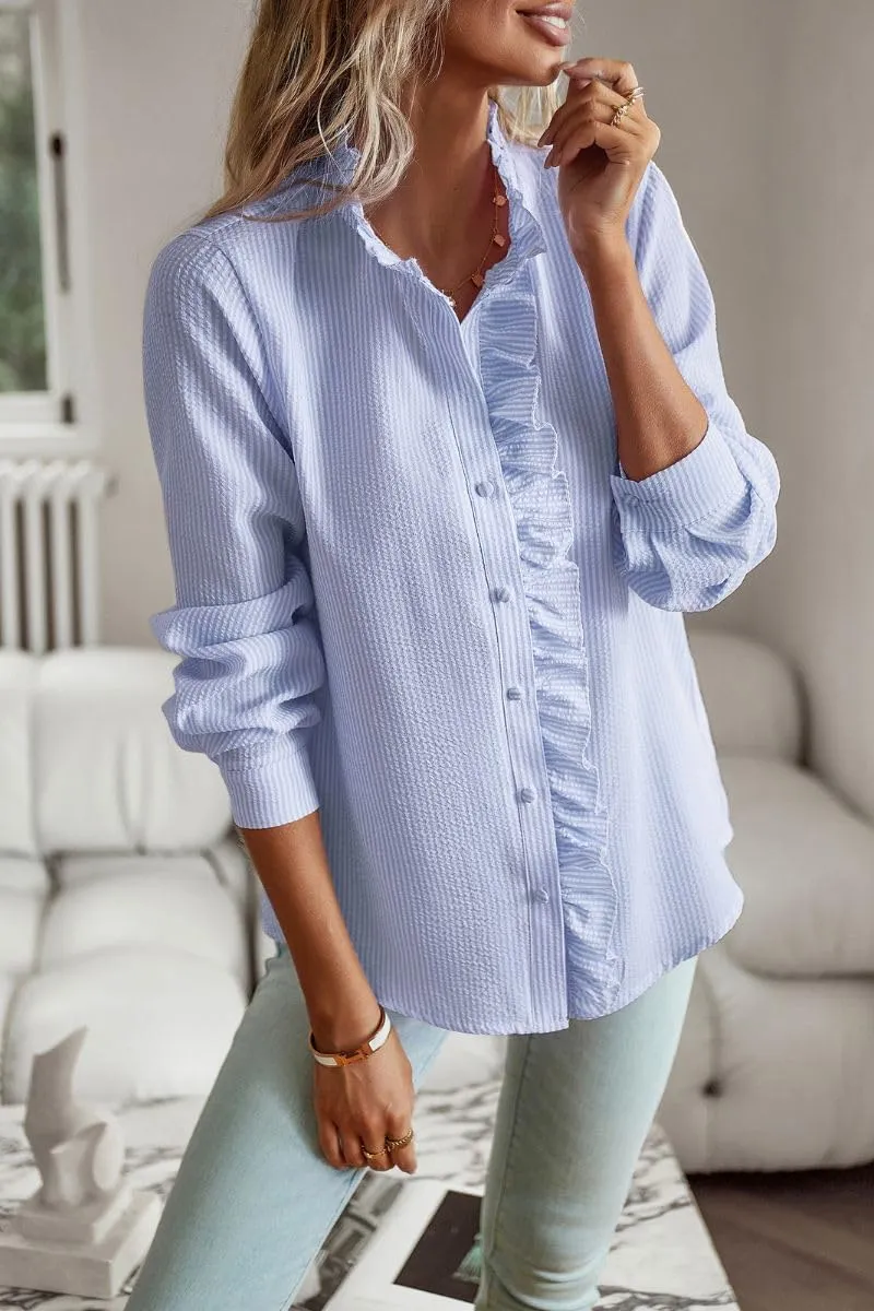 Women's Ruffle Trim Button Up Long Sleeve Blouse Top Striped Stand Collar Elegant Work Shirt