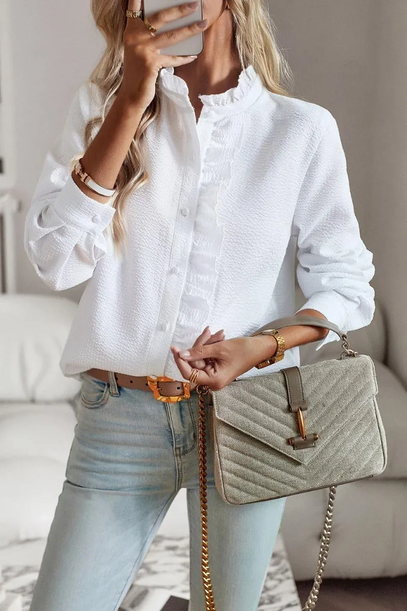 Women's Ruffle Trim Button Up Long Sleeve Blouse Top Striped Stand Collar Elegant Work Shirt