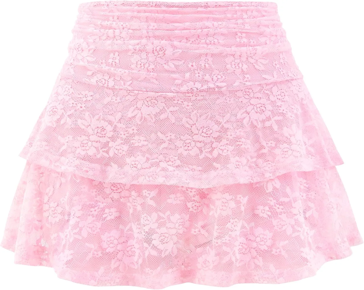 Women's Sexy Lace Ruffles Mini Skirt Chic Jacquard Solid Color High Waist Layered Pleated Skirts with Shorts Lined