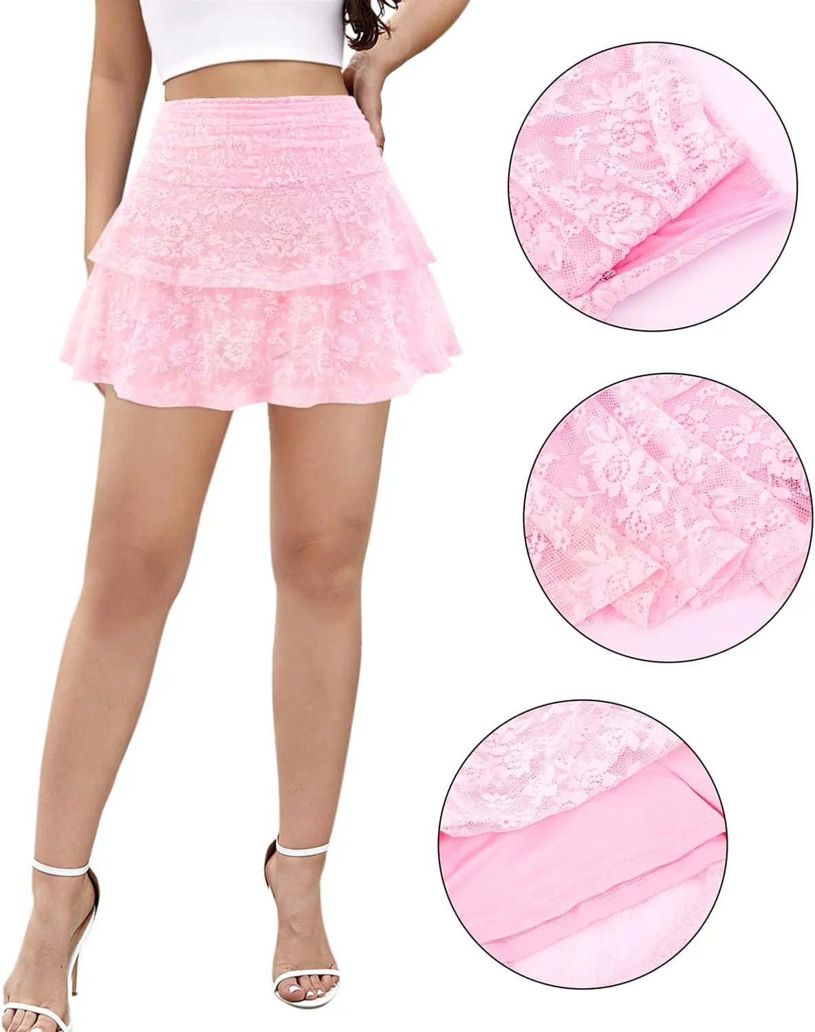 Women's Sexy Lace Ruffles Mini Skirt Chic Jacquard Solid Color High Waist Layered Pleated Skirts with Shorts Lined