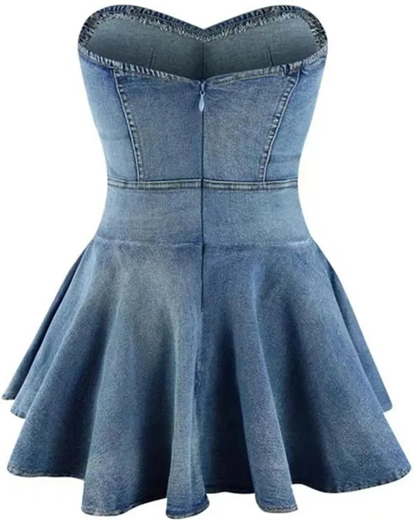 Women's Sexy Strapless Tube A-Line Mini Denim Jean Dress