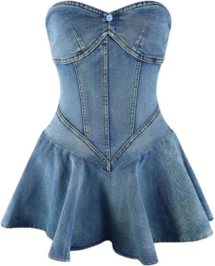 Women's Sexy Strapless Tube A-Line Mini Denim Jean Dress