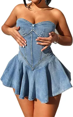 Women's Sexy Strapless Tube A-Line Mini Denim Jean Dress