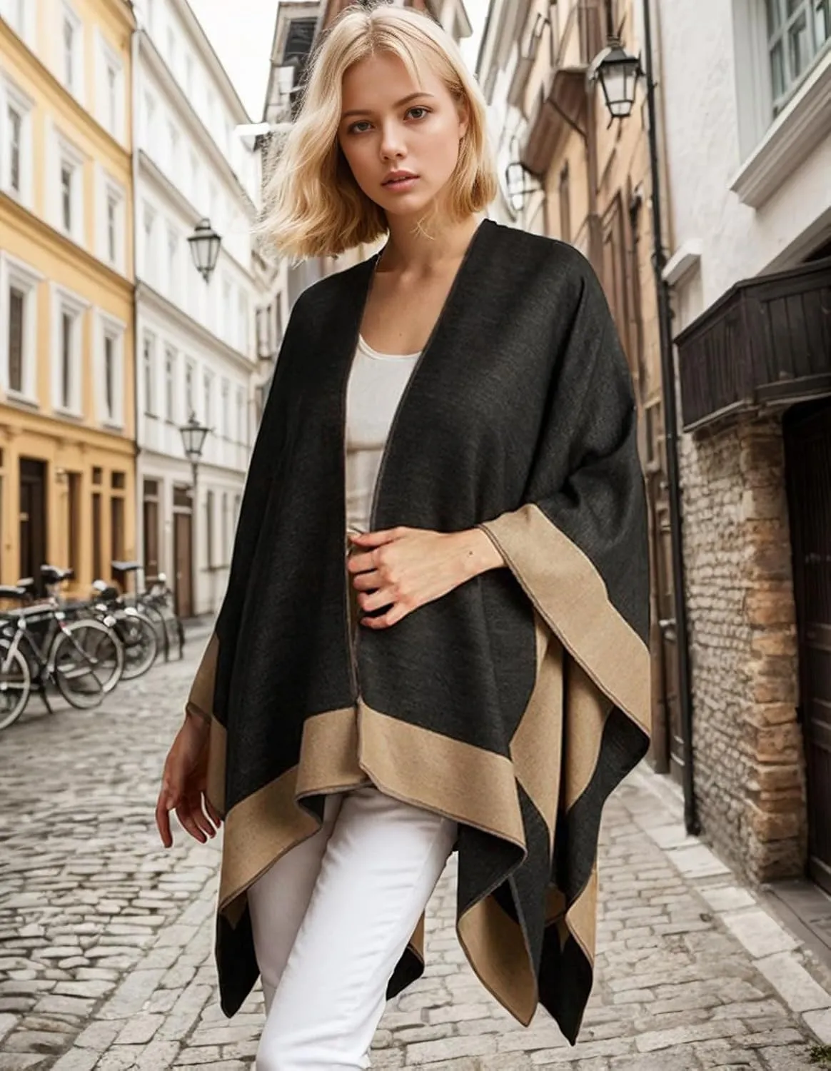 Women's Shawl Wraps Open Front Poncho Cape Oversized Sweaters Casual Cardigan Shawls for Fall Winter