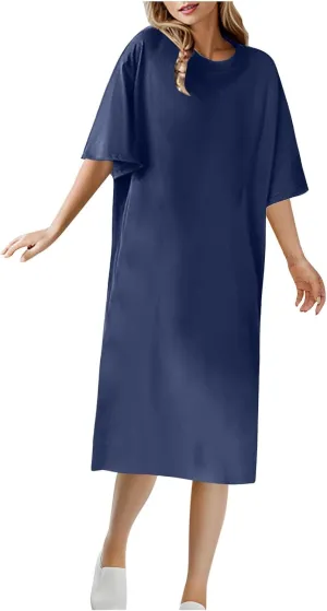 Women's Short Sleeve Midi Tshirt Dresses Summer Casual Plain Long Tunic Dress Loose Fit Soft Nightgown Sleep Shirts