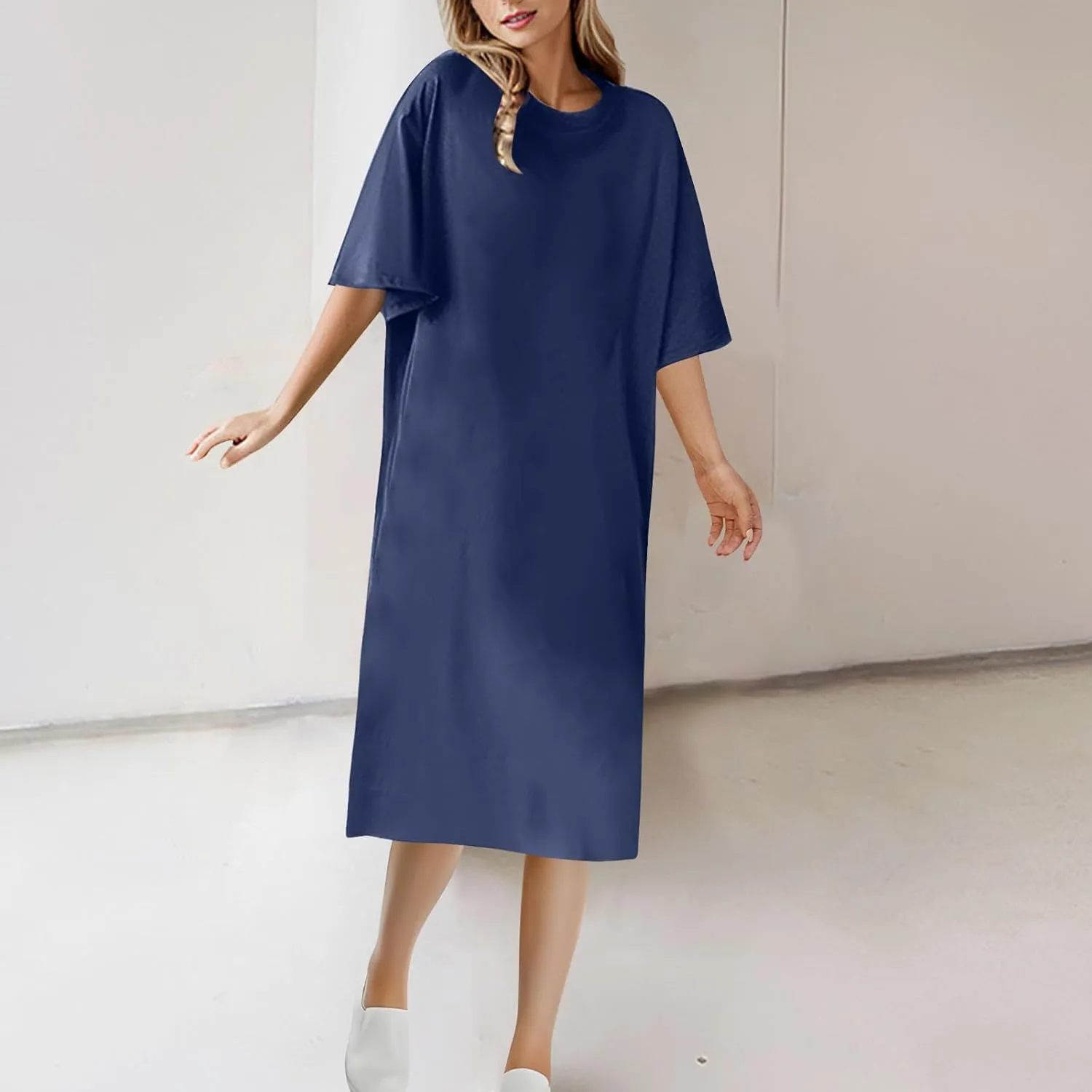 Women's Short Sleeve Midi Tshirt Dresses Summer Casual Plain Long Tunic Dress Loose Fit Soft Nightgown Sleep Shirts