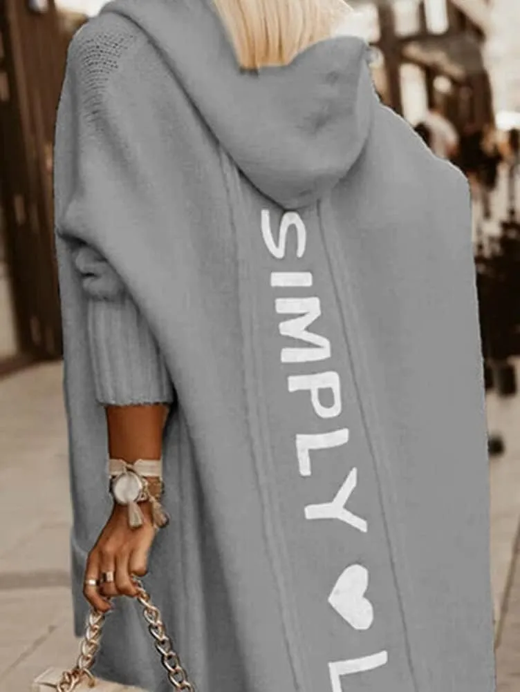 Women's Simply Love Live Letter Long Hooded Sweater Cardigans Fall Winter Plus Size Open Front Coat with Pockets