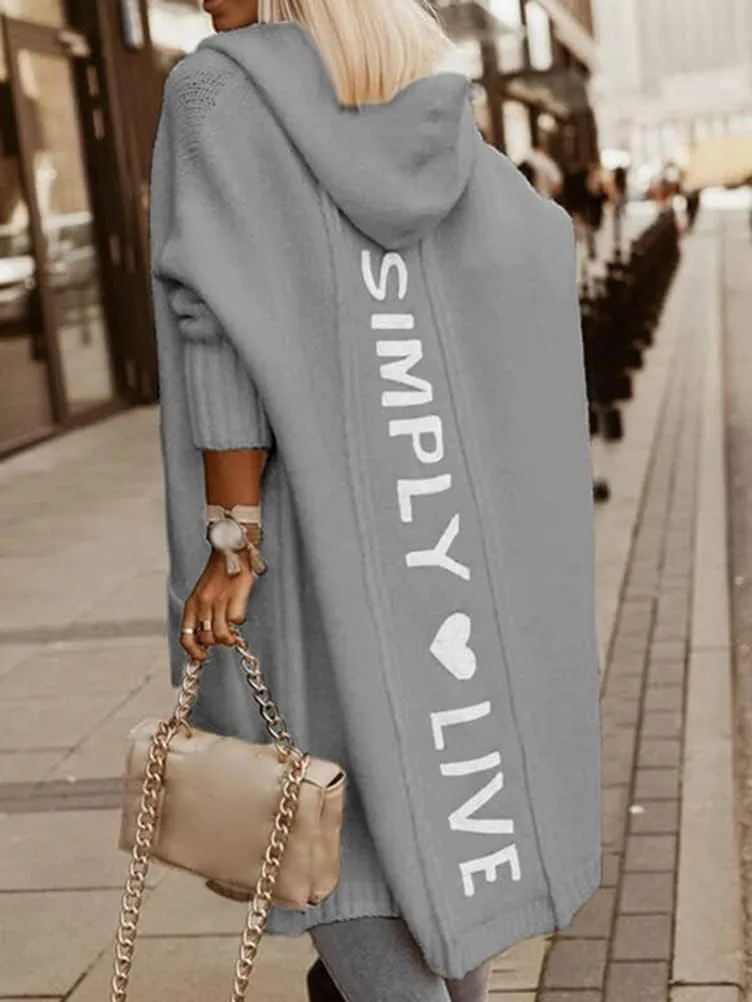 Women's Simply Love Live Letter Long Hooded Sweater Cardigans Fall Winter Plus Size Open Front Coat with Pockets