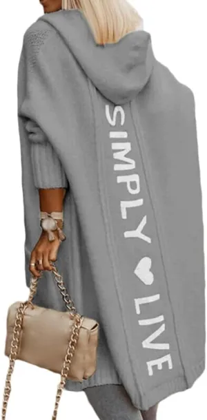 Women's Simply Love Live Letter Long Hooded Sweater Cardigans Fall Winter Plus Size Open Front Coat with Pockets