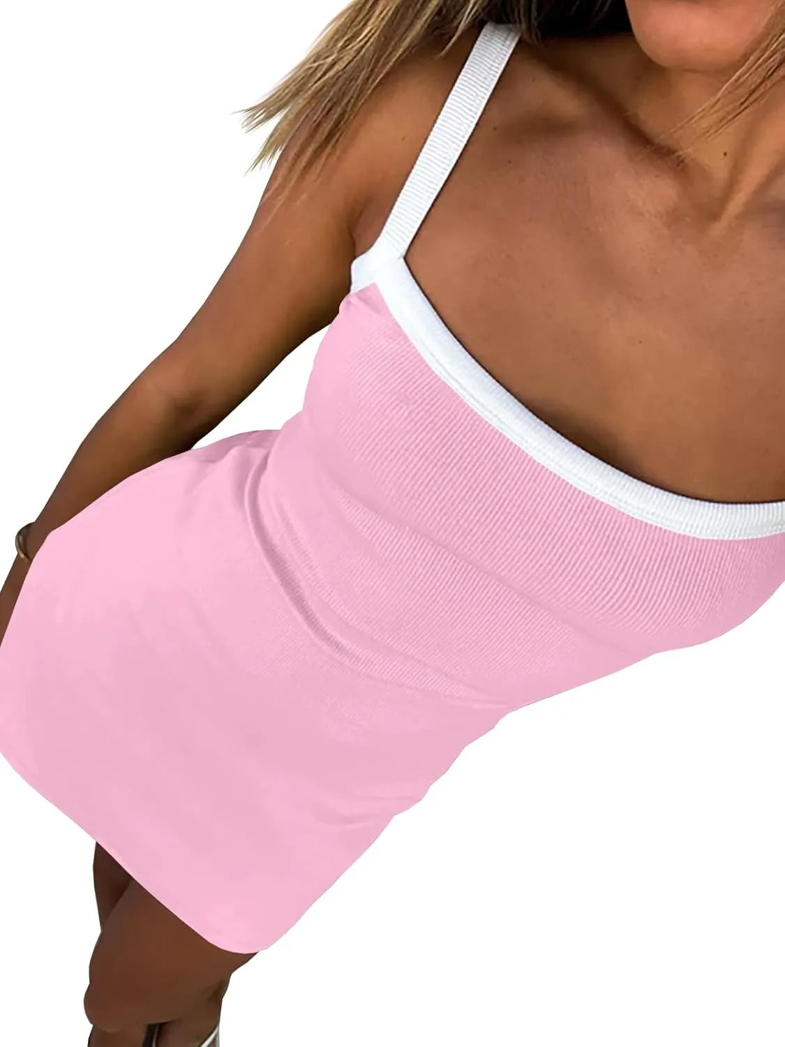 Women's Sleeveless Ribbed Mini Dresses Contrast Color Spaghetti Strap Knit Casual Bodycon Slim Fit Color-Block Dress