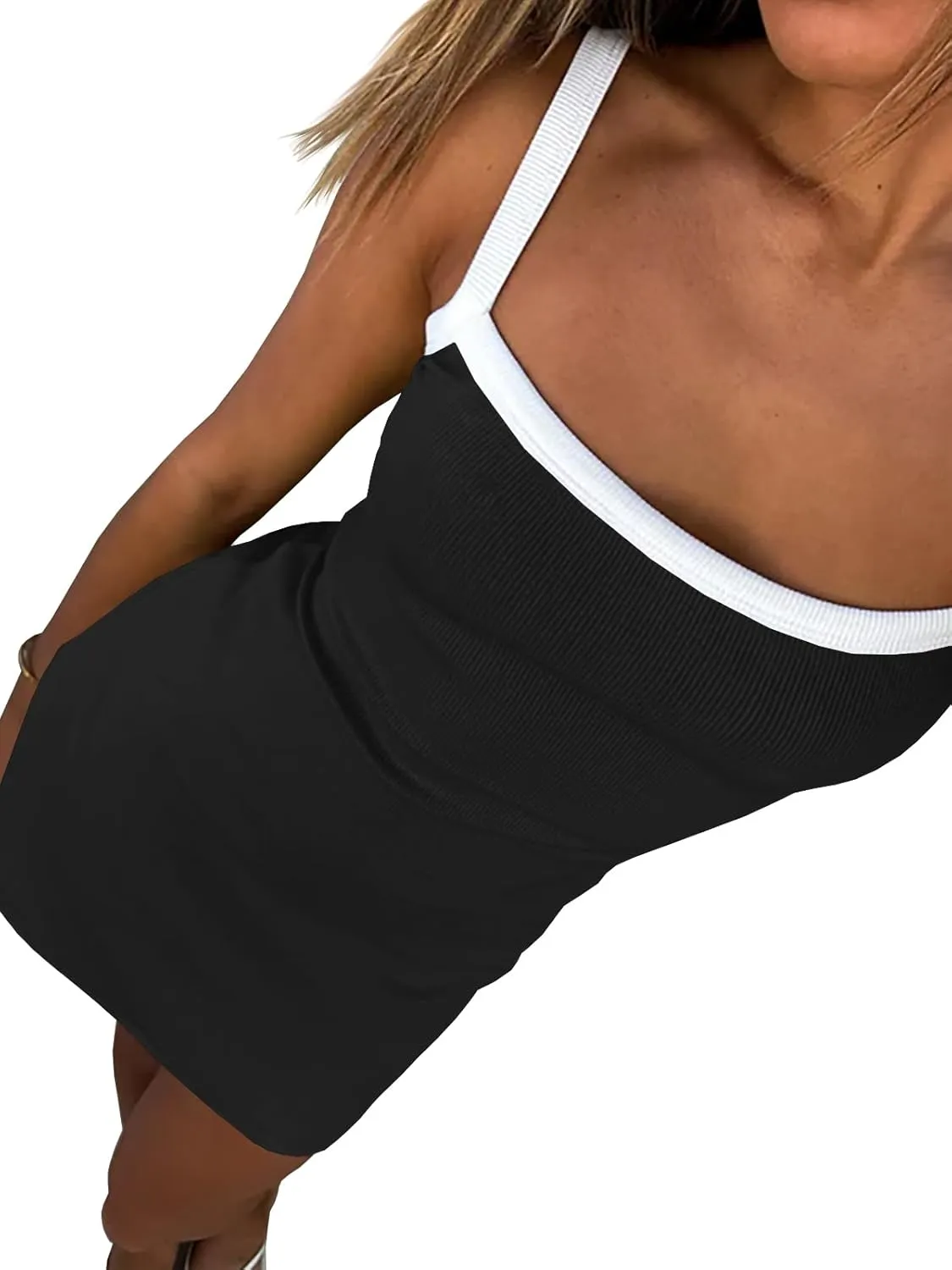 Women's Sleeveless Ribbed Mini Dresses Contrast Color Spaghetti Strap Knit Casual Bodycon Slim Fit Color-Block Dress