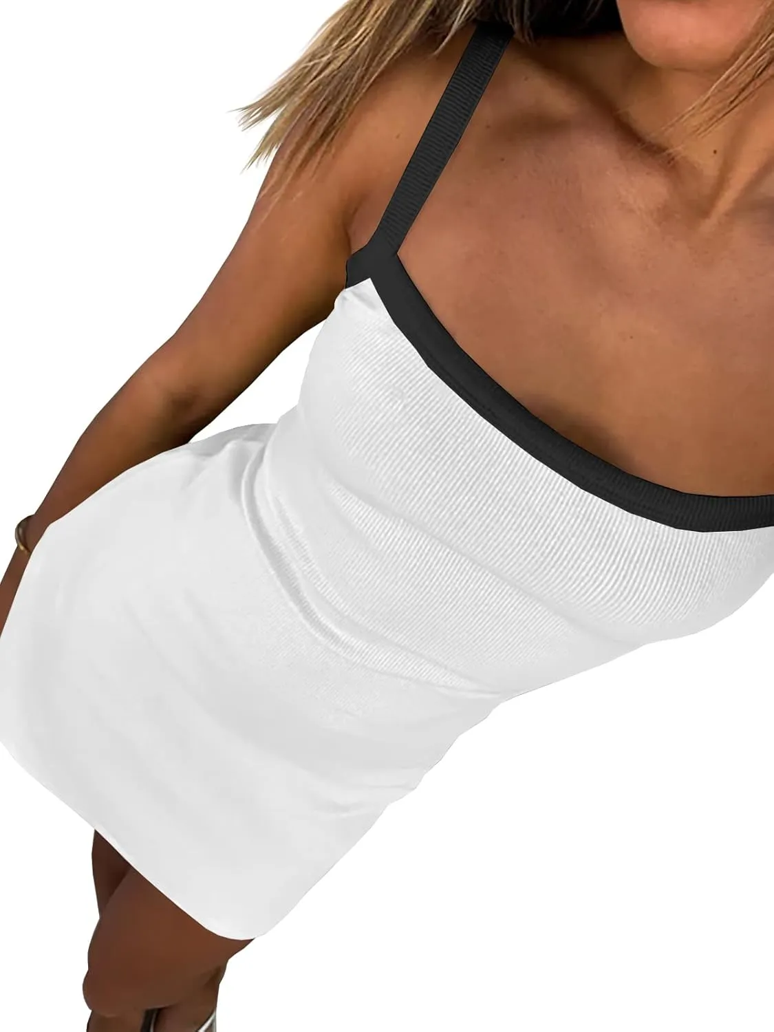Women's Sleeveless Ribbed Mini Dresses Contrast Color Spaghetti Strap Knit Casual Bodycon Slim Fit Color-Block Dress
