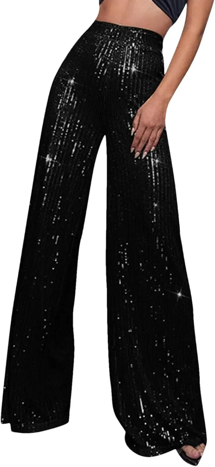 Women's Solid Color High Waist Sequin Drape Wide Leg Pants Casual Party Night Out Pants