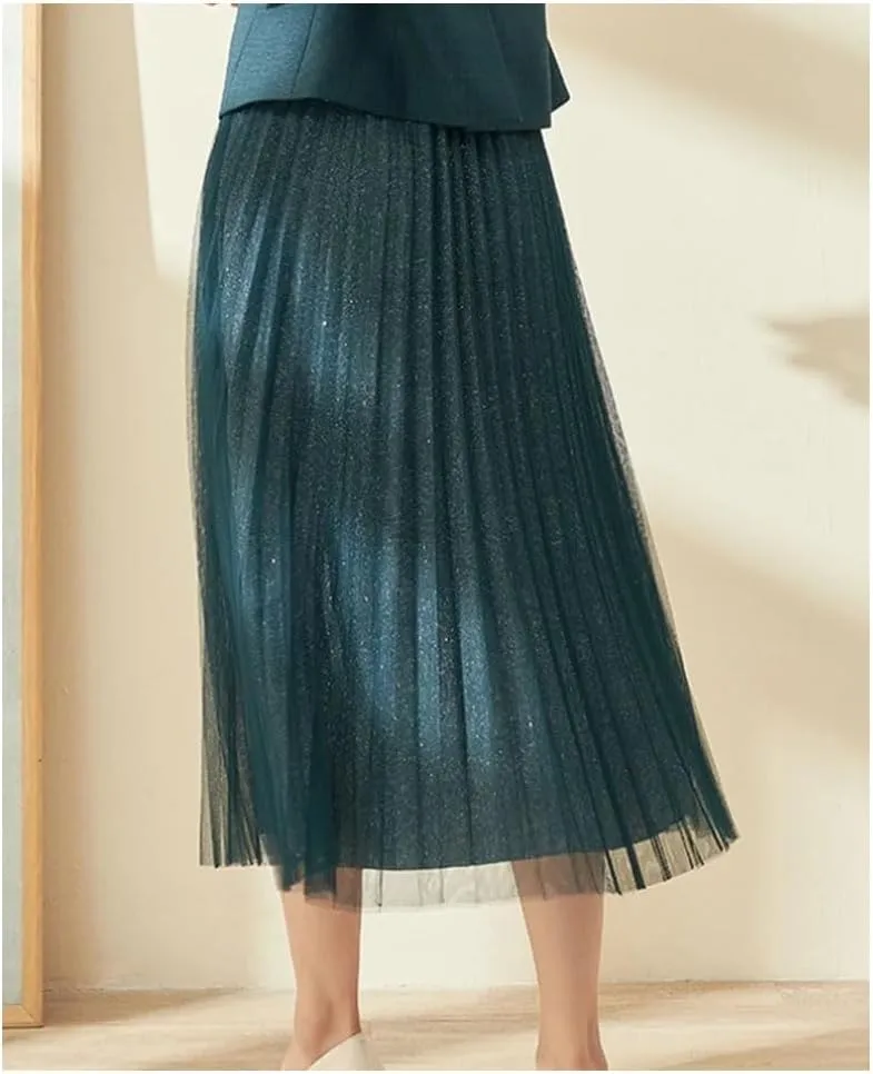 Women's Solid Colors Elastic High Waist Pleated A-Line Skirts Fashion Sequined Mesh Tulle Midi Skirts