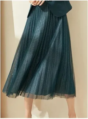 Women's Solid Colors Elastic High Waist Pleated A-Line Skirts Fashion Sequined Mesh Tulle Midi Skirts