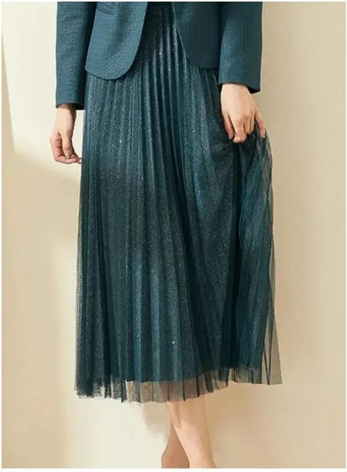 Women's Solid Colors Elastic High Waist Pleated A-Line Skirts Fashion Sequined Mesh Tulle Midi Skirts