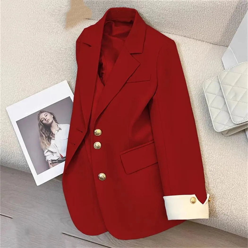 Women's Spring Long Sleeve Blazers Winter Office Lady Solid Casual Single Breasted Notched Suit Jackets