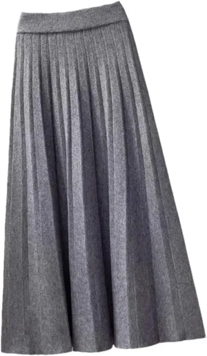 Women's Spring Winter Knitted Pleated Skirt Midi Skirt Solid Color Loose High Waist Skirts Female
