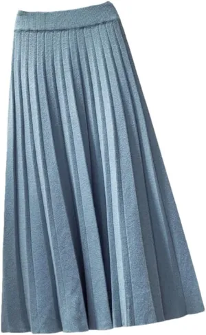 Women's Spring Winter Knitted Pleated Skirt Midi Skirt Solid Color Loose High Waist Skirts Female