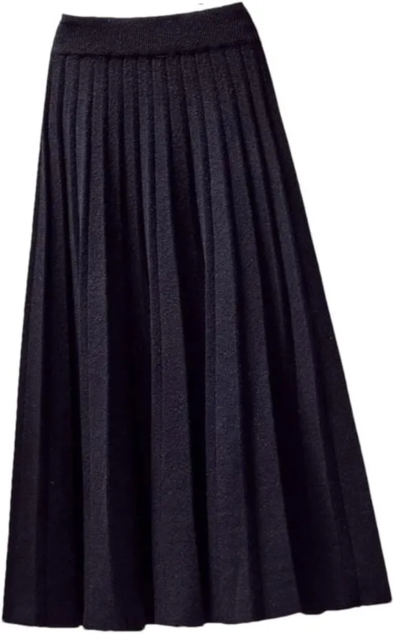 Women's Spring Winter Knitted Pleated Skirt Midi Skirt Solid Color Loose High Waist Skirts Female