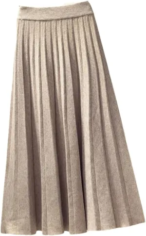 Women's Spring Winter Knitted Pleated Skirt Midi Skirt Solid Color Loose High Waist Skirts Female