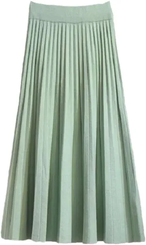 Women's Spring Winter Knitted Pleated Skirt Midi Skirt Solid Color Loose High Waist Skirts Female