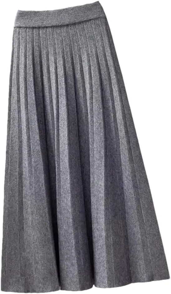 Women's Spring Winter Knitted Pleated Skirt Midi Skirt Solid Color Loose High Waist Skirts Female