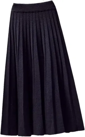 Women's Spring Winter Knitted Pleated Skirt Midi Skirt Solid Color Loose High Waist Skirts Female