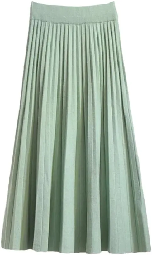 Women's Spring Winter Knitted Pleated Skirt Midi Skirt Solid Color Loose High Waist Skirts Female