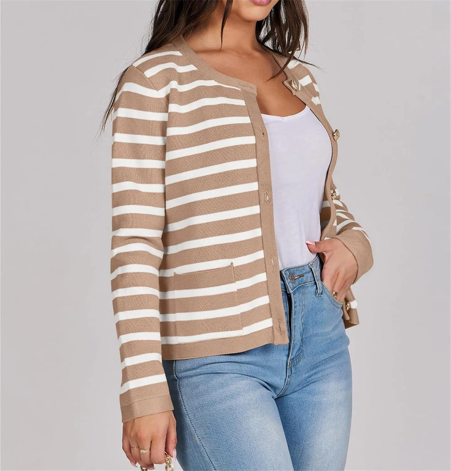 Women's Striped Cardigan Sweater Open Front Gold Button Down Cropped Knit Long Sleeve Crewneck Lady Jackets Coat