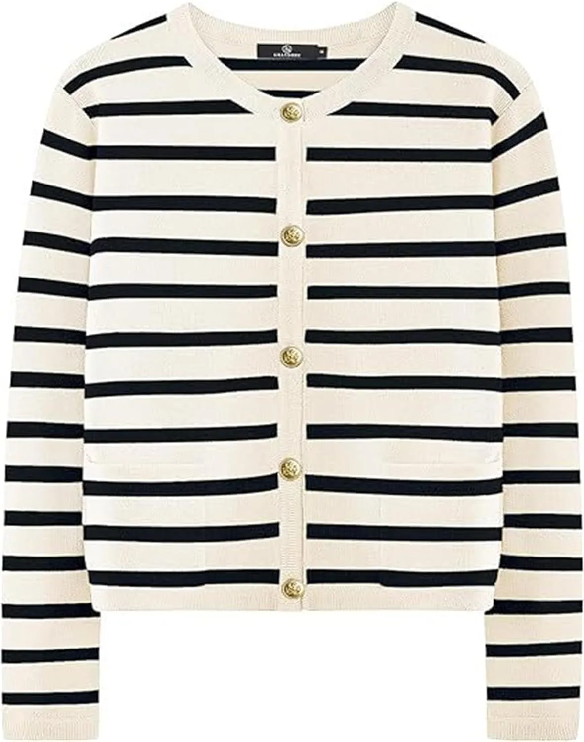 Women's Striped Cardigan Sweater Open Front Gold Button Down Cropped Knit Long Sleeve Crewneck Lady Jackets Coat