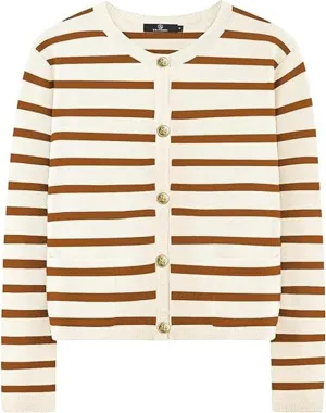 Women's Striped Cardigan Sweater Open Front Gold Button Down Cropped Knit Long Sleeve Crewneck Lady Jackets Coat