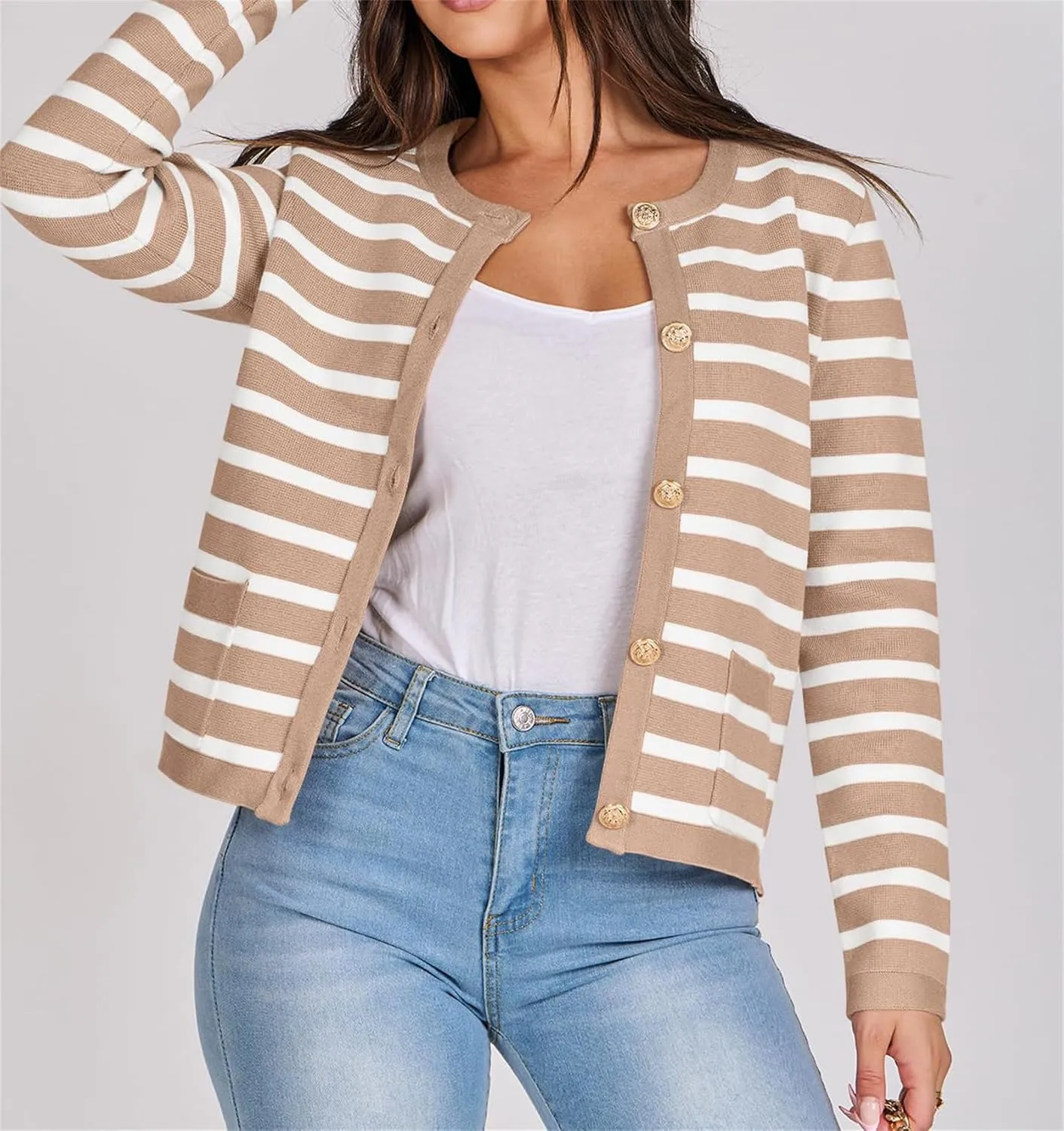 Women's Striped Cardigan Sweater Open Front Gold Button Down Cropped Knit Long Sleeve Crewneck Lady Jackets Coat