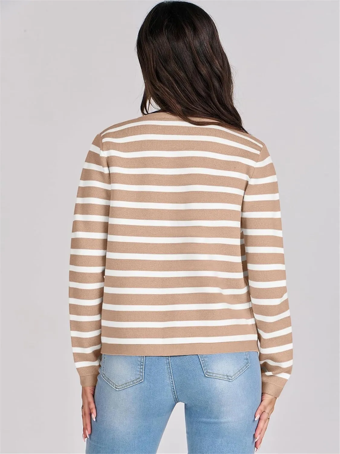 Women's Striped Cardigan Sweater Open Front Gold Button Down Cropped Knit Long Sleeve Crewneck Lady Jackets Coat