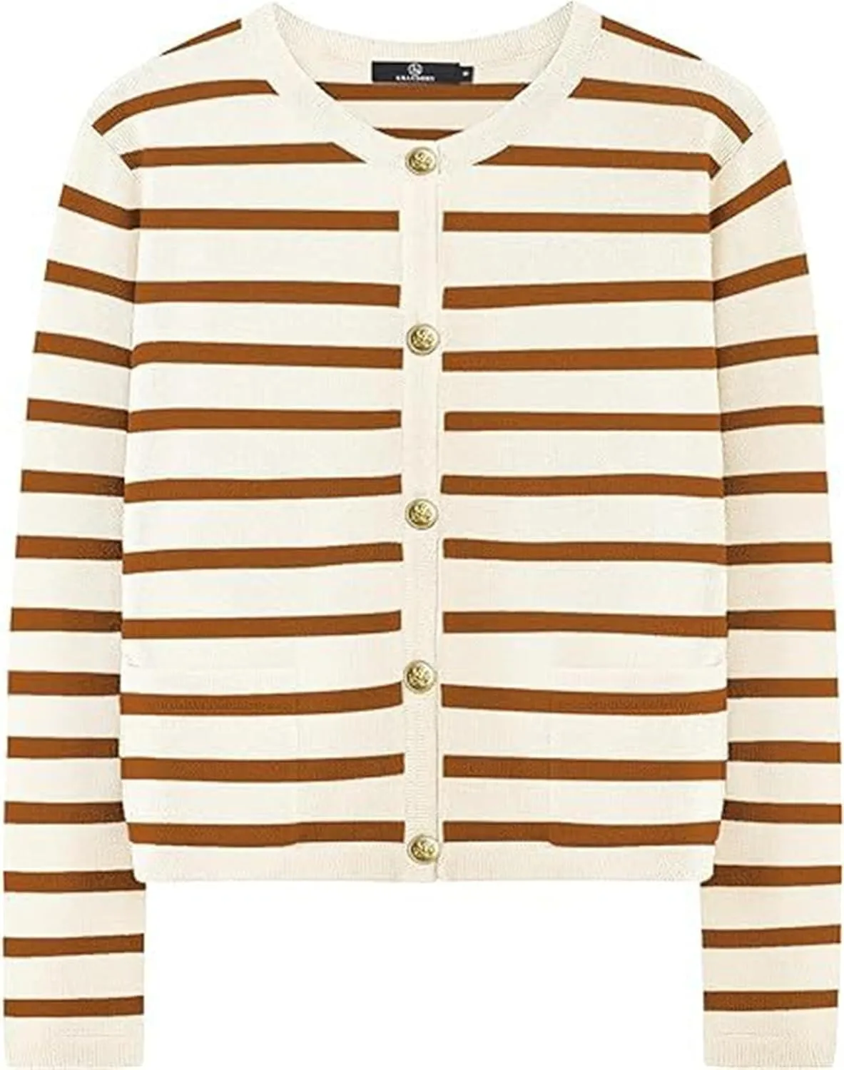Women's Striped Cardigan Sweater Open Front Gold Button Down Cropped Knit Long Sleeve Crewneck Lady Jackets Coat
