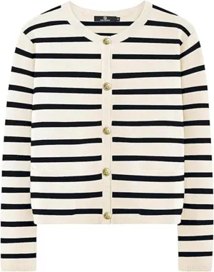 Women's Striped Cardigan Sweater Open Front Gold Button Down Cropped Knit Long Sleeve Crewneck Lady Jackets Coat