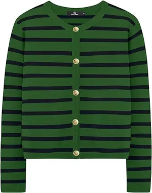 Women's Striped Cardigan Sweater Open Front Gold Button Down Cropped Knit Long Sleeve Crewneck Lady Jackets Coat