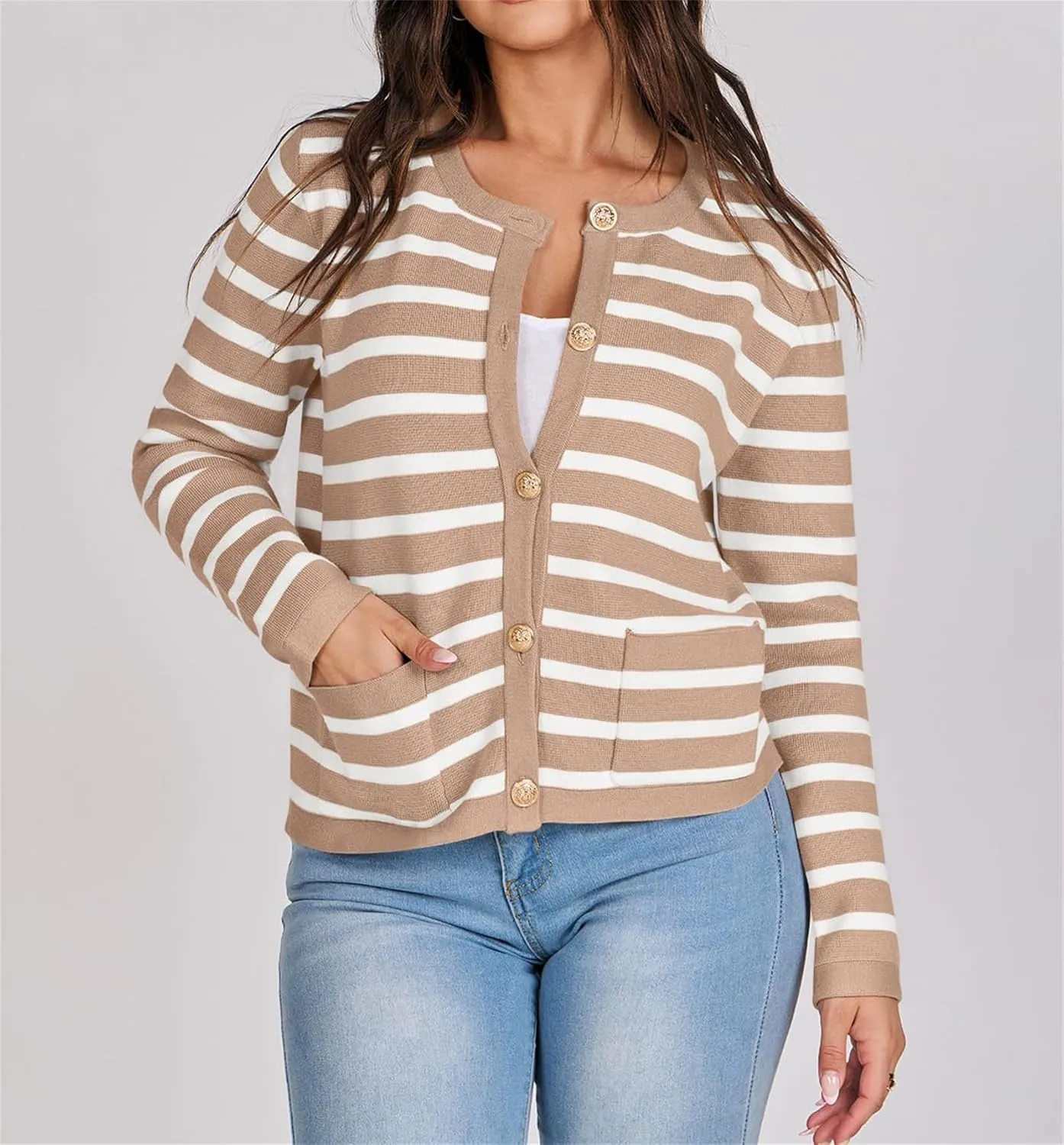Women's Striped Cardigan Sweater Open Front Gold Button Down Cropped Knit Long Sleeve Crewneck Lady Jackets Coat