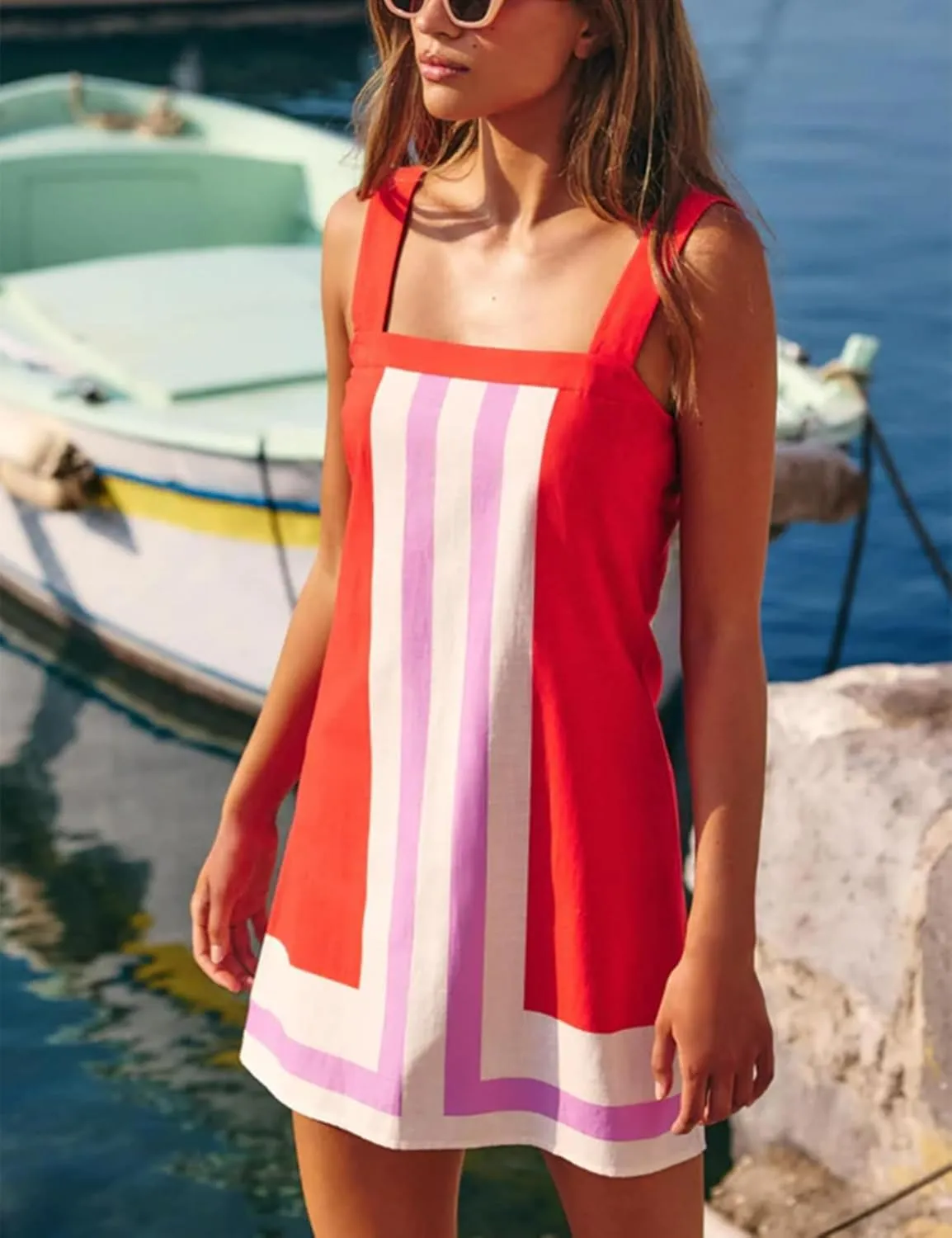 Womens Striped Mini Dress Summer Casual Boho Color Bock Sleeveless Tank Shift Dress Beach Cover Up Short Sundress