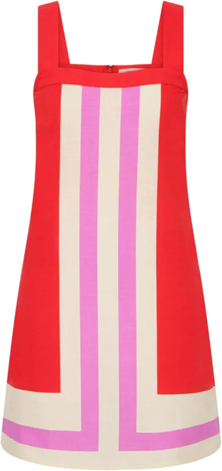 Womens Striped Mini Dress Summer Casual Boho Color Bock Sleeveless Tank Shift Dress Beach Cover Up Short Sundress