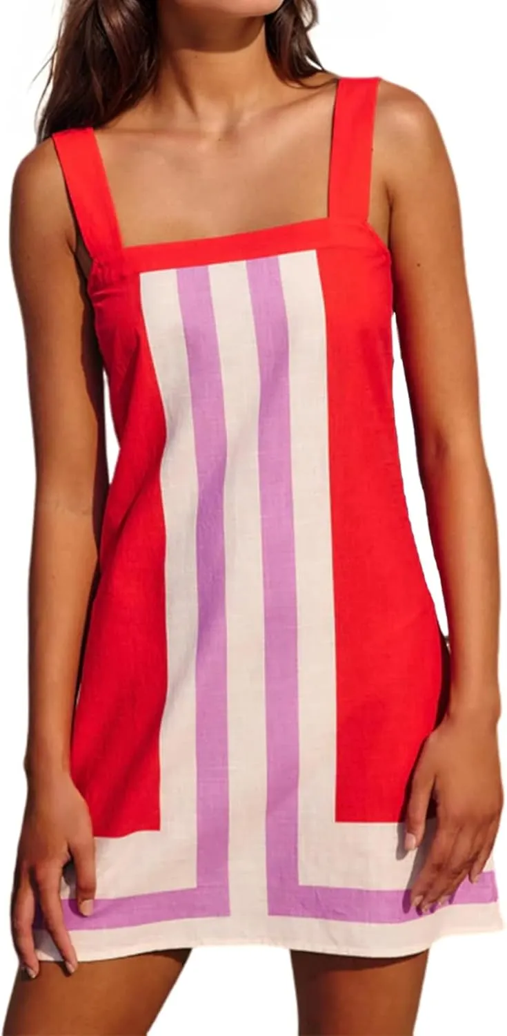 Womens Striped Mini Dress Summer Casual Boho Color Bock Sleeveless Tank Shift Dress Beach Cover Up Short Sundress