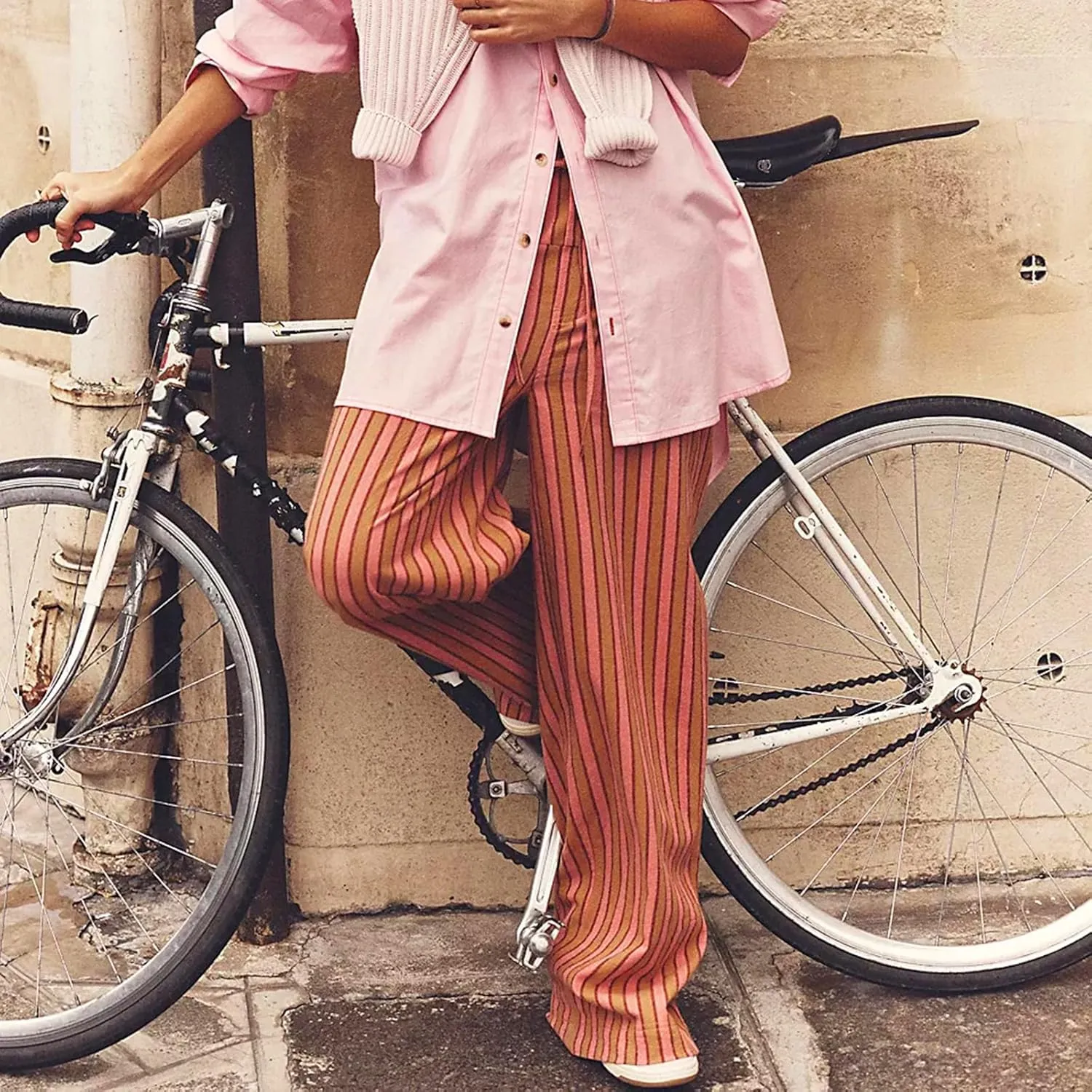 Womens Striped Wide Leg Pants Casual Loose Elastic High Waist Drawstring Trousers Lounge Pajama Pants Bottoms