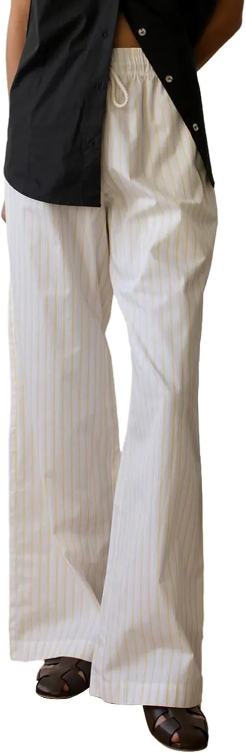 Womens Striped Wide Leg Pants Casual Loose Elastic High Waist Drawstring Trousers Lounge Pajama Pants Bottoms