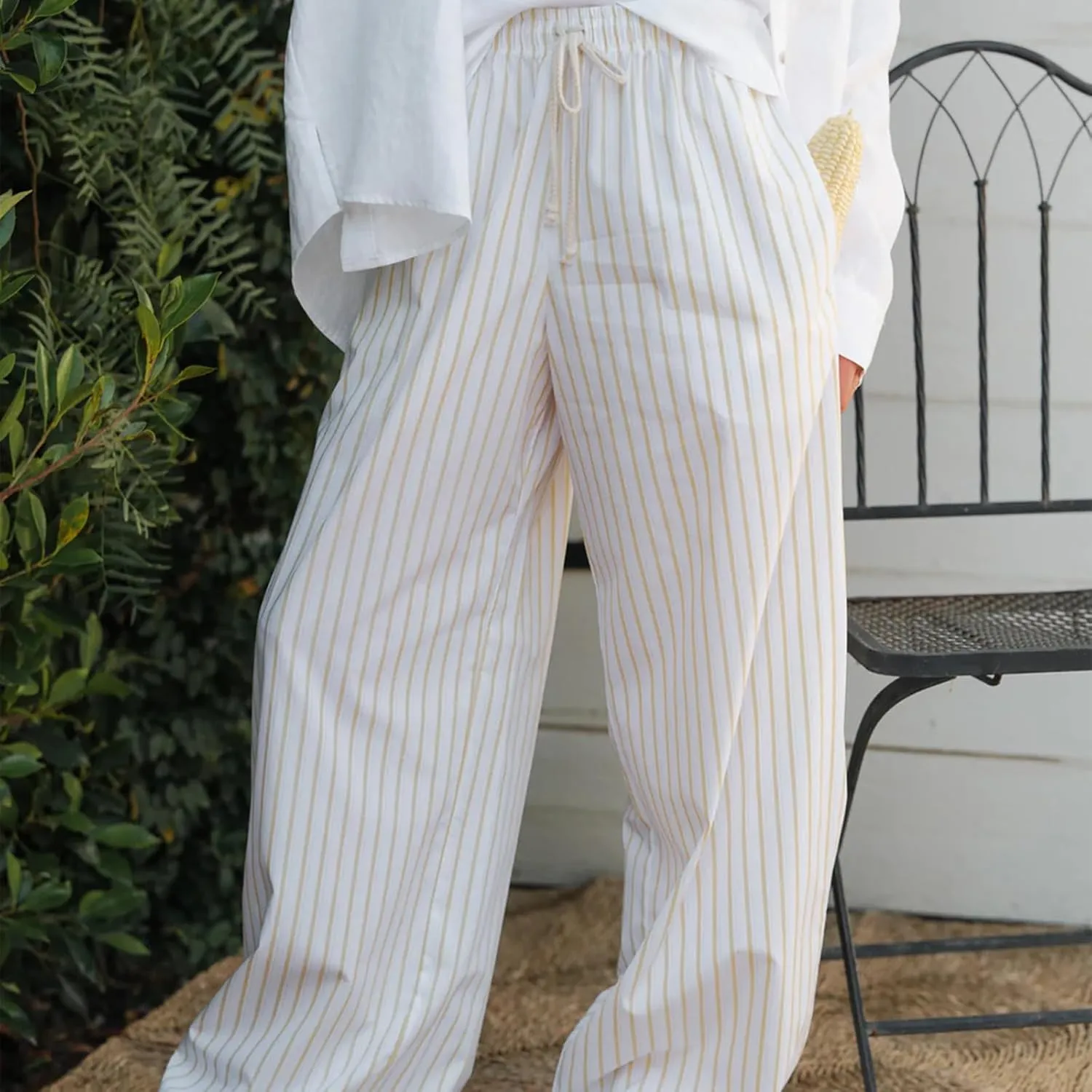 Womens Striped Wide Leg Pants Casual Loose Elastic High Waist Drawstring Trousers Lounge Pajama Pants Bottoms