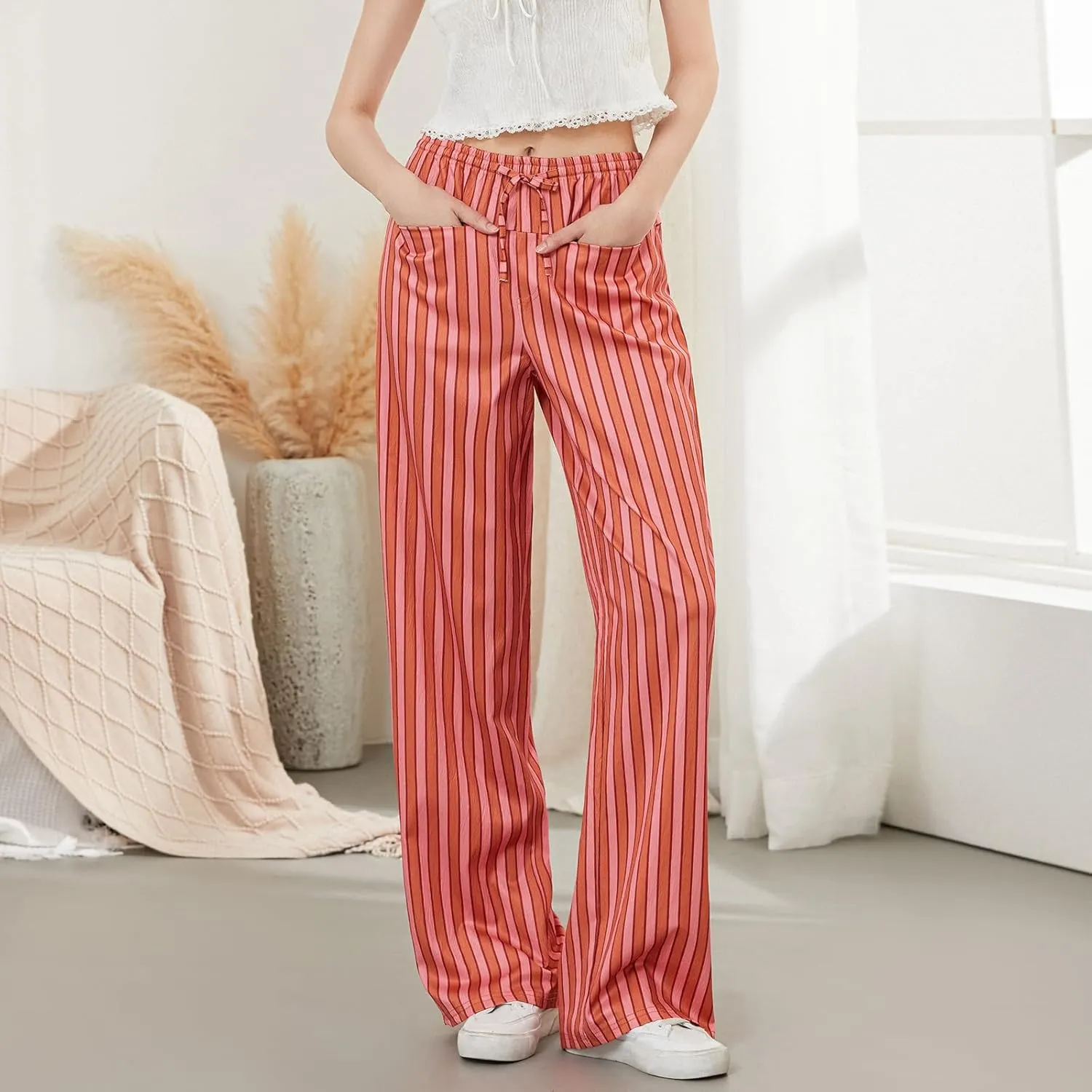 Womens Striped Wide Leg Pants Casual Loose Elastic High Waist Drawstring Trousers Lounge Pajama Pants Bottoms